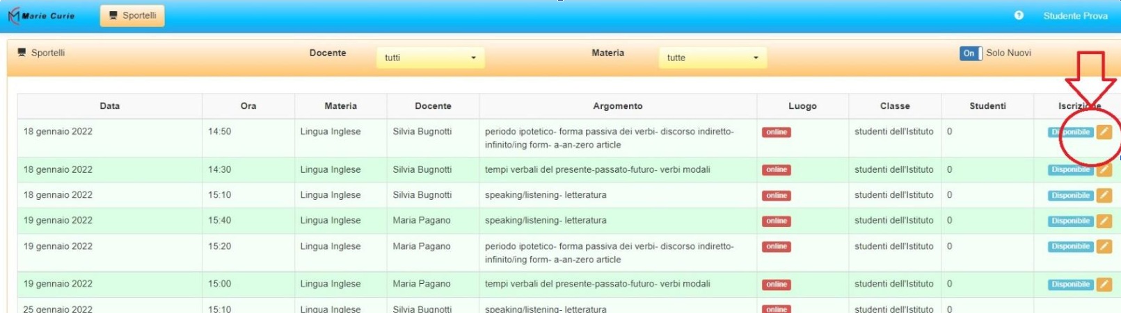 Elenco sportelli disponibili e pulsante iscrizione